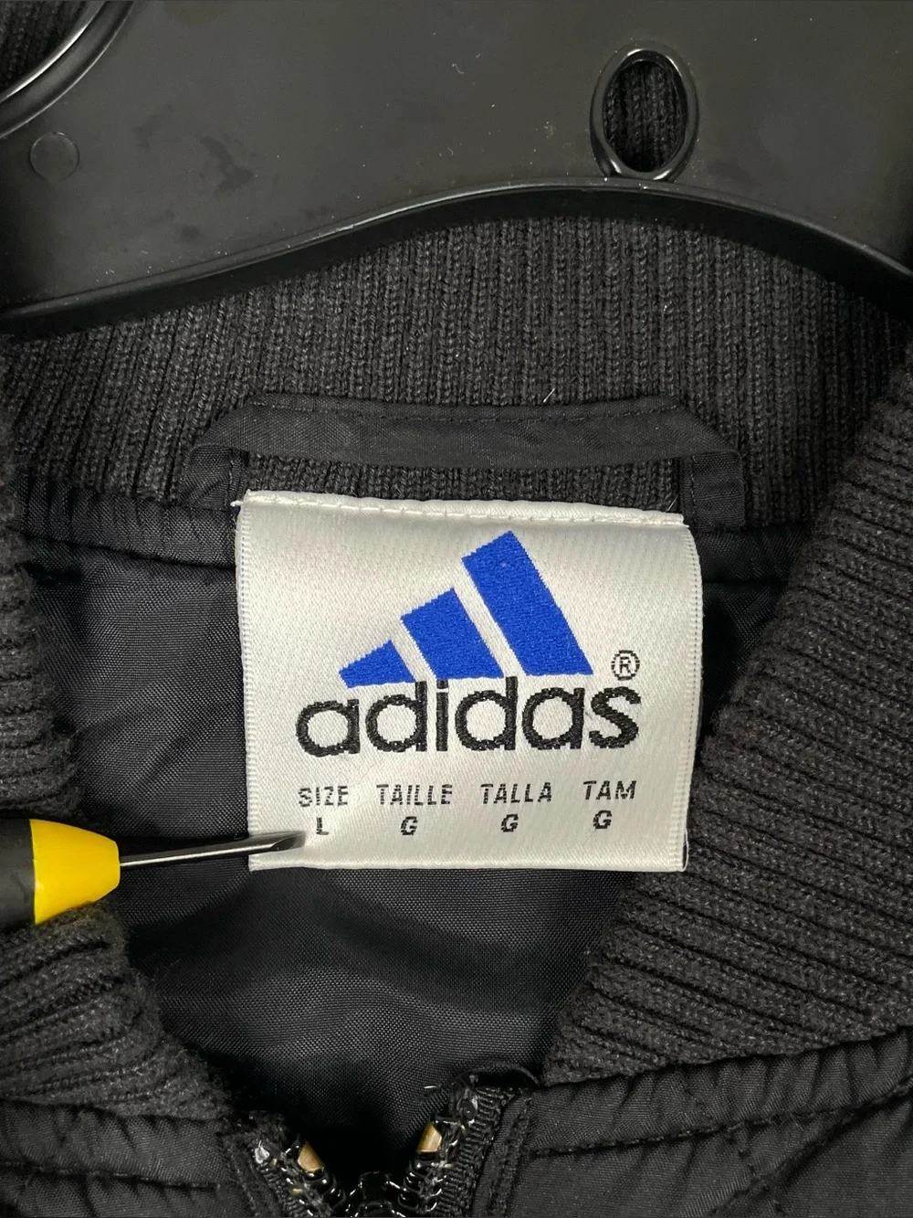 Adidas Quilted Bomber Jacket Mens Large Black Tricot Logo 3 Stripes Full Zip